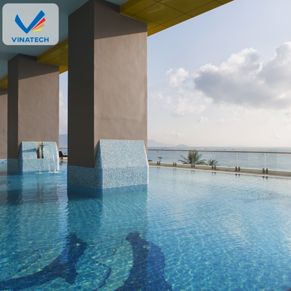 ​Thi công hồ bơi tràn viền sử dụng gạch mosaic chống trơn, tăng tính thẩm mỹ