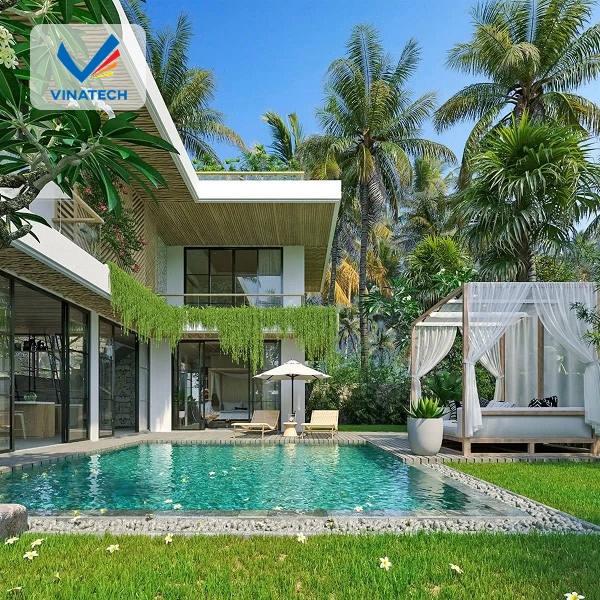 Hồ bơi kết hợp với vườn và biệt thự tạo cảm giác sang trọng thanh lịch